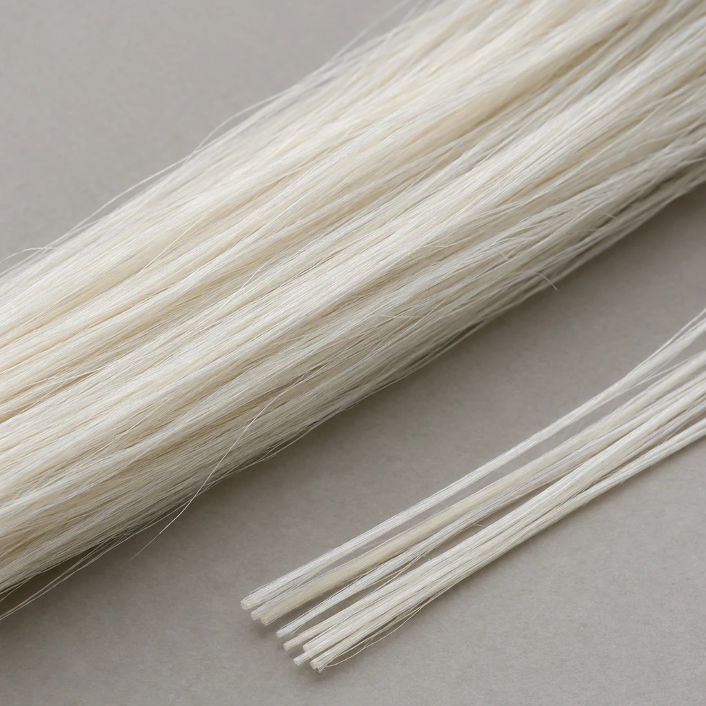 Detalle de fibras de crin blanco dispuestas en paralelo para observar su grosor.